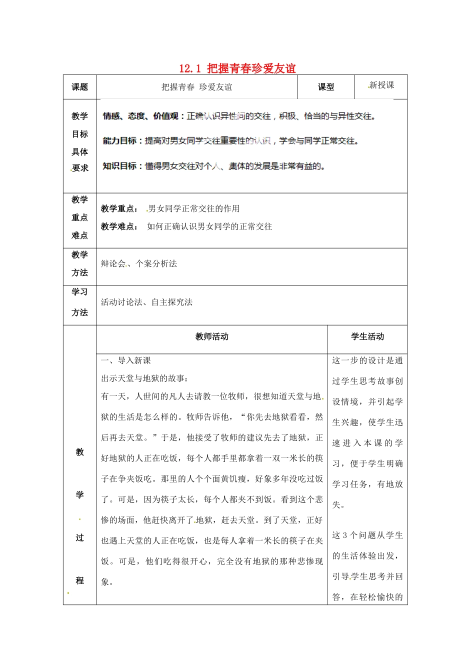 山东省滨州市无棣县埕口中学七年级政治下册 12.1 把握青春珍爱友谊教案 鲁教版_第1页