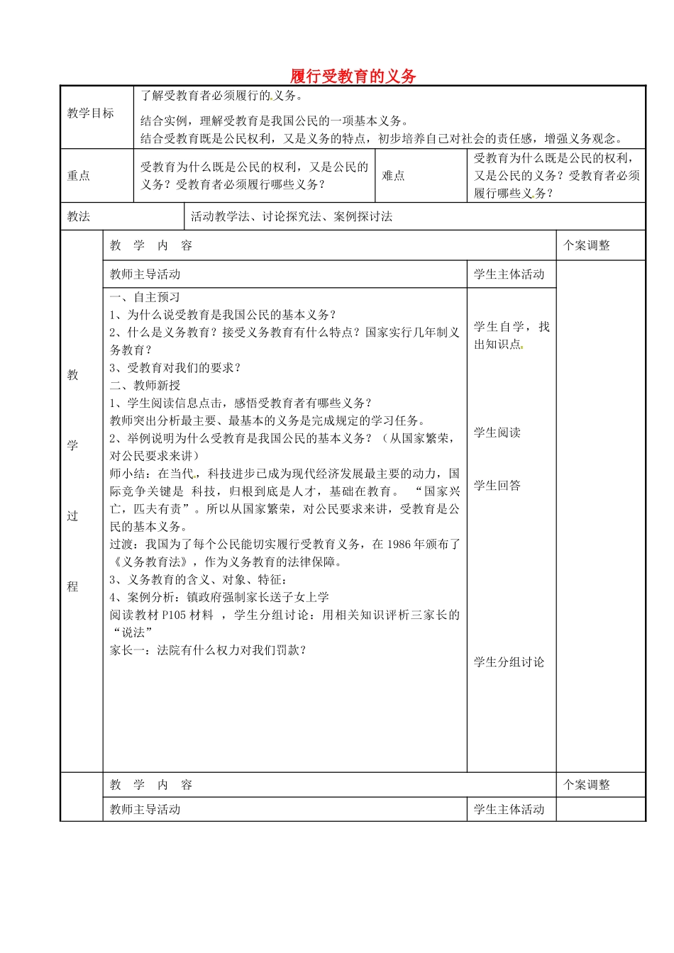 七年级政治上册 11.2 履行受教育的义务教案 苏教版-苏教版初中七年级上册政治教案_第1页