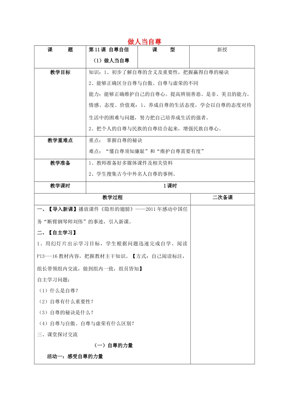 （秋季版）七年级道德与法治下册 第四单元 体悟生命价值 第11课 自尊自信 第1框 做人当自尊教学设计 苏教版-苏教版初中七年级下册政治教案_第1页
