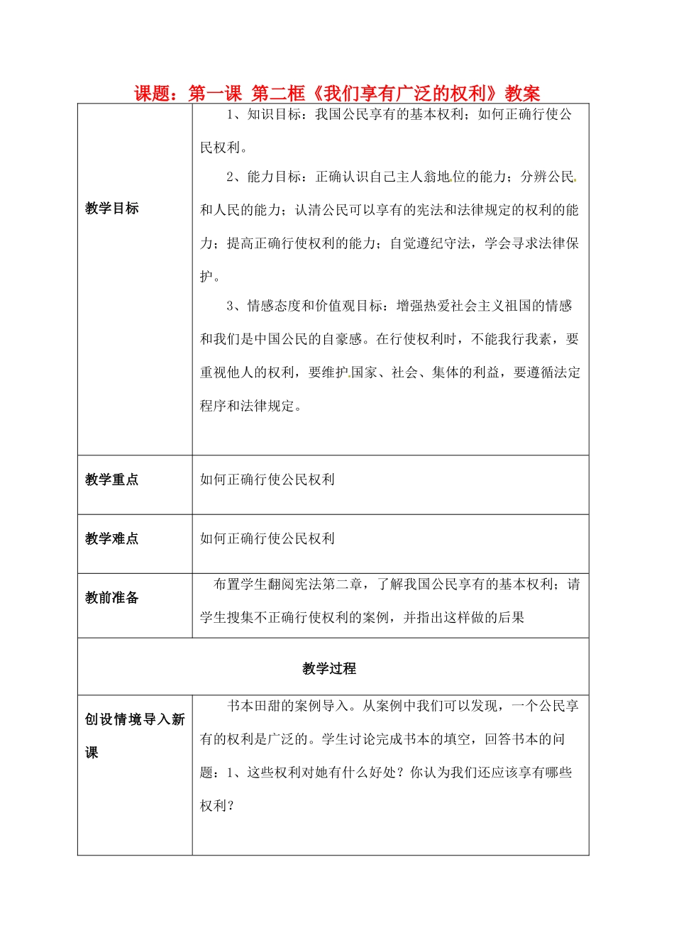 海南省万宁市思源实验学校八年级政治下册 第一课 第二框《我们享有广泛的权利》教案 新人教版_第1页