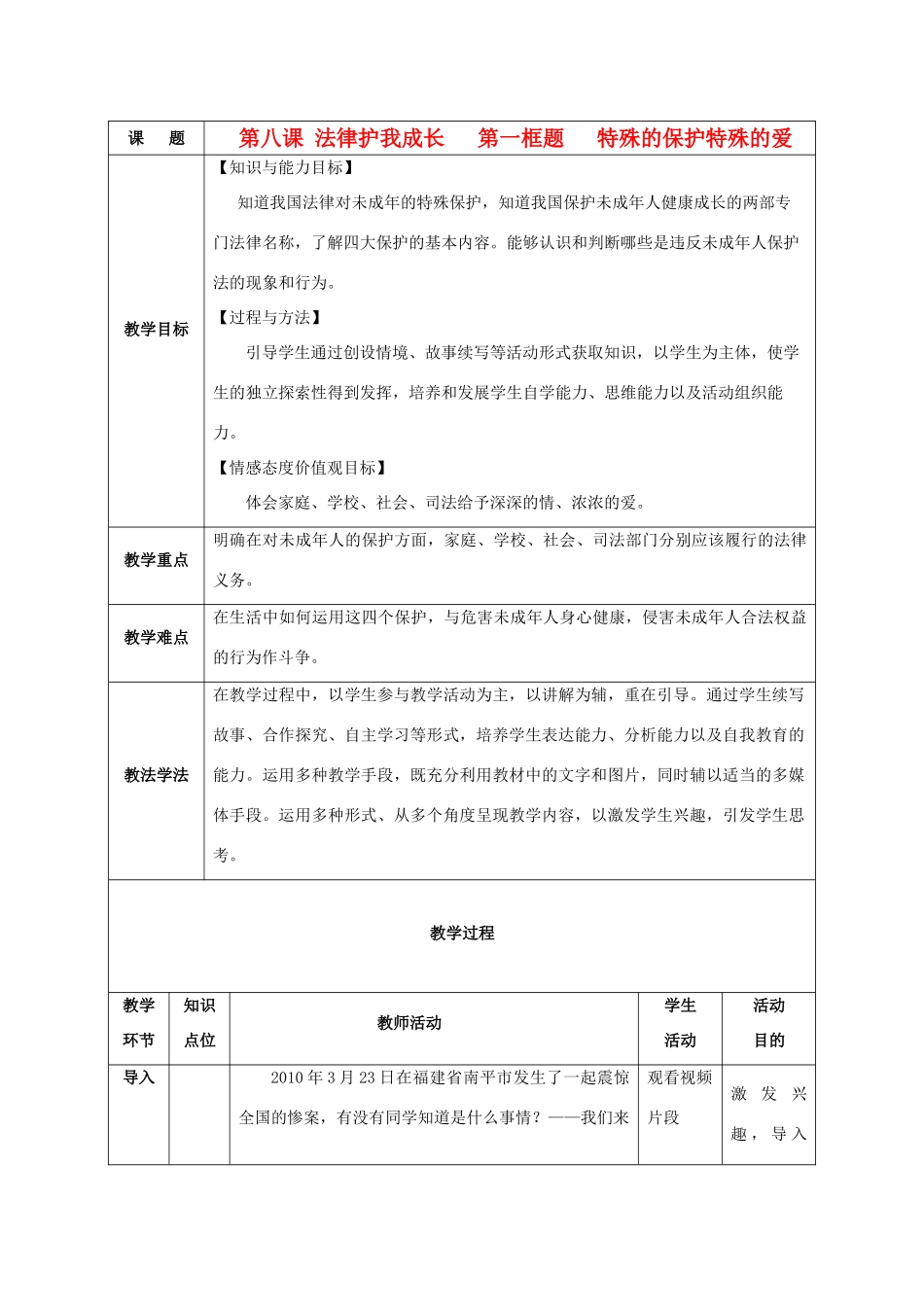 七年级政治上册 特殊的保护特殊的爱教案 人教新课标版_第1页