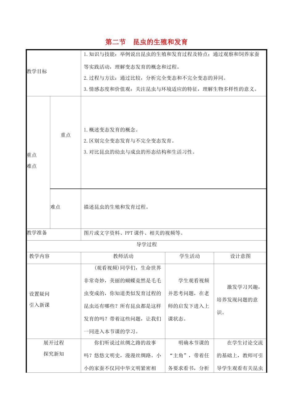 版八年级生物下册 第七单元 生物圈中生命的延续和发展 第一章 生物的生殖和发育 第2节 昆虫的生殖和发育教案 （新版）新人教版-（新版）新人教版初中八年级下册生物教案_第1页