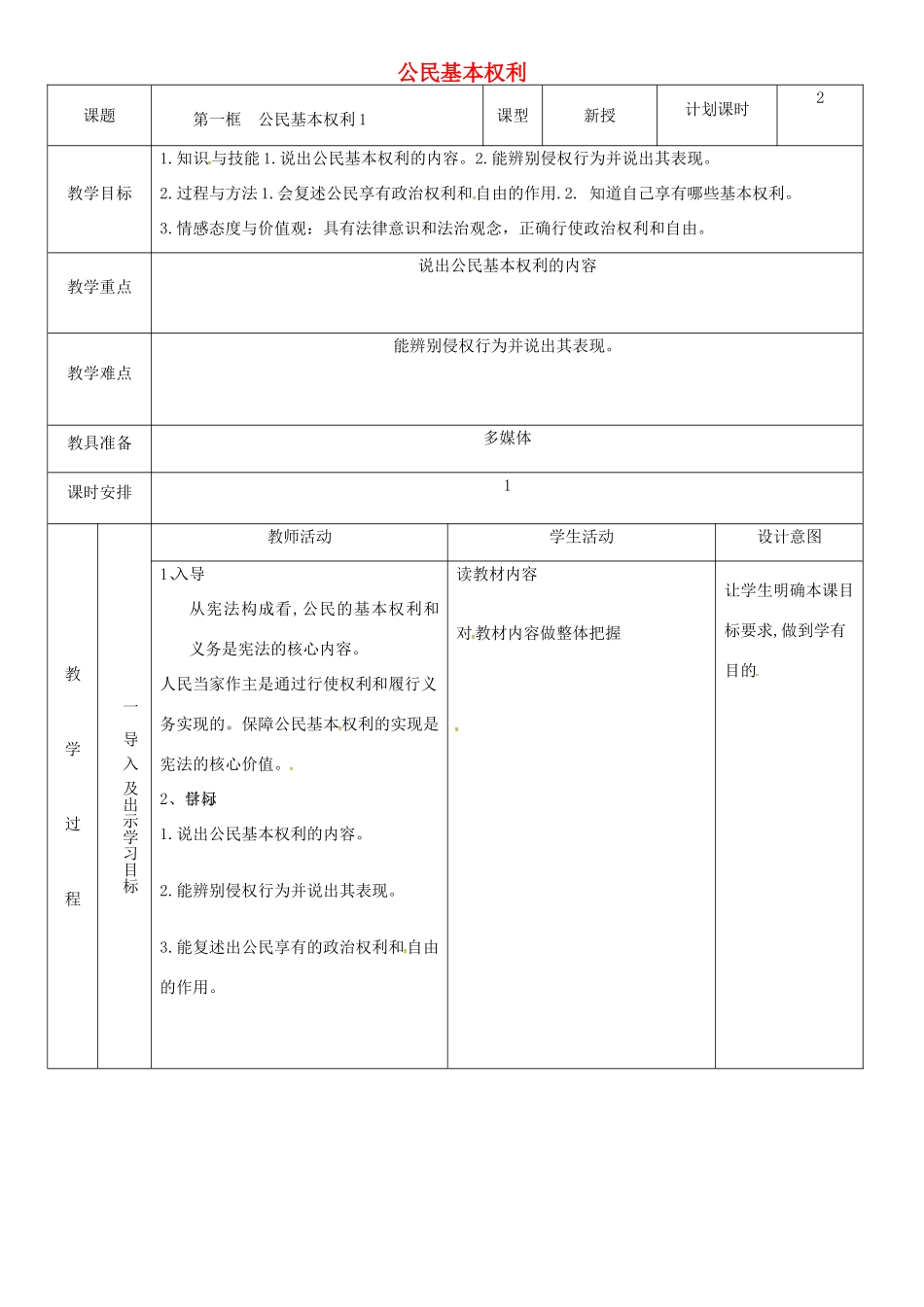 云南省昆明市东川区八年级道德与法治下册 第二单元 理解权利义务 第三课 公民权利 第1框 公民基本权利教案 新人教版-新人教版初中八年级下册政治教案_第1页