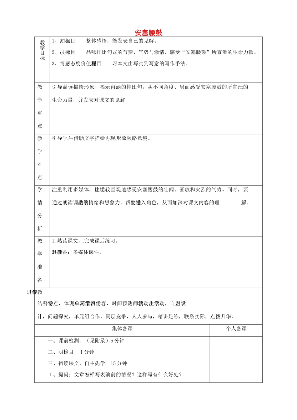 山东省淄博市临淄区第八中学七年级语文上册《第2课 安塞腰鼓》教案2 鲁教版五四制_第1页