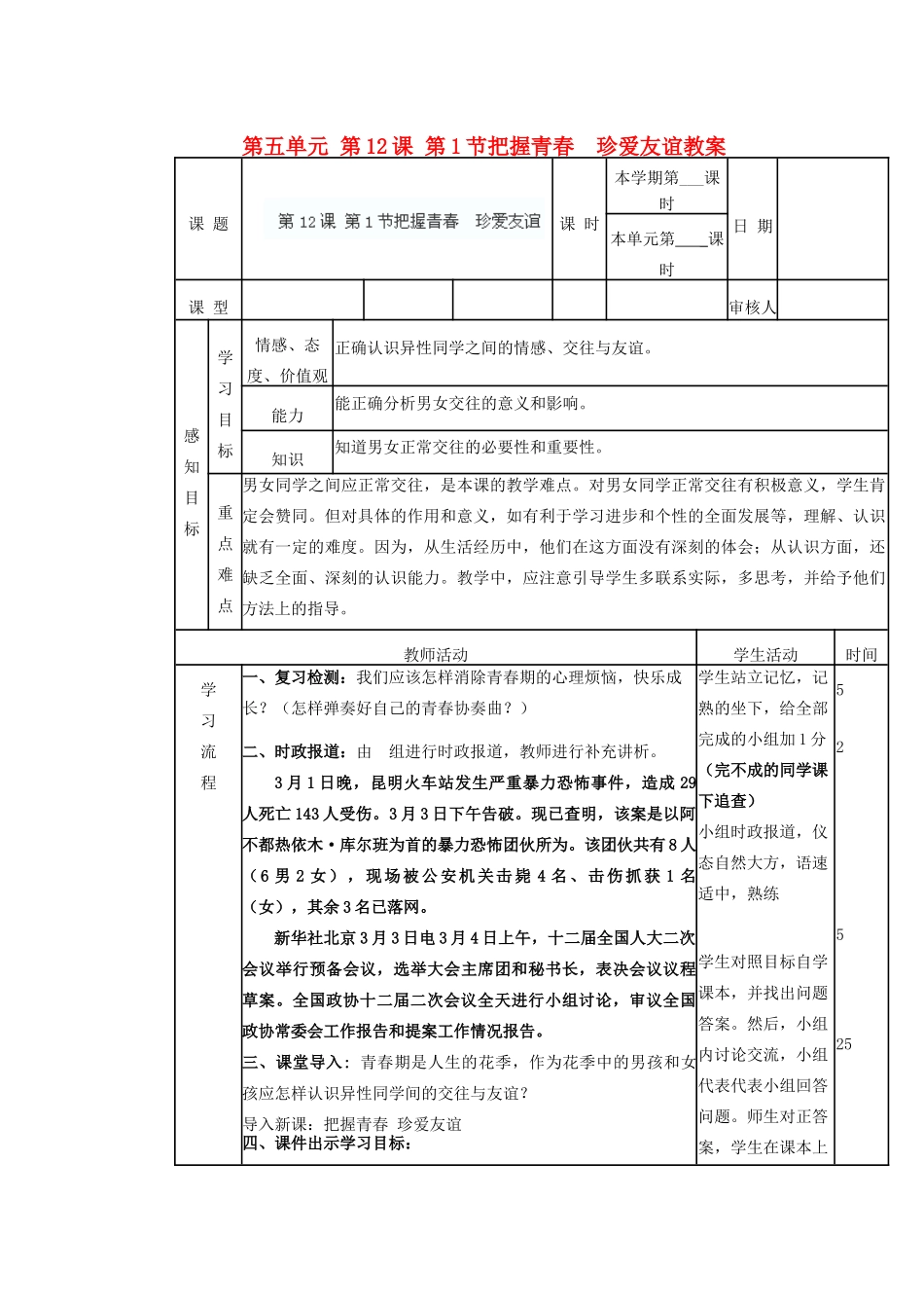 山东省滨州市邹平实验中学七年级政治下册 第五单元 第12课 第1节把握青春  珍爱友谊教案 鲁教版_第1页