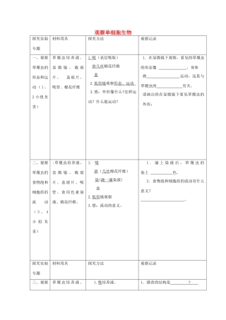 广东省东莞市南城阳光实验中学七年级生物上册 第二单元 第二章 第四节 单细胞生物——观察单细胞生物实验学案（无答案）（新版）新人教版