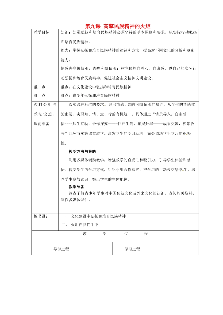 山东省临沂市蒙阴县第四中学九年级政治全册 第九课 高擎民族精神的火炬教案 鲁教版_第1页