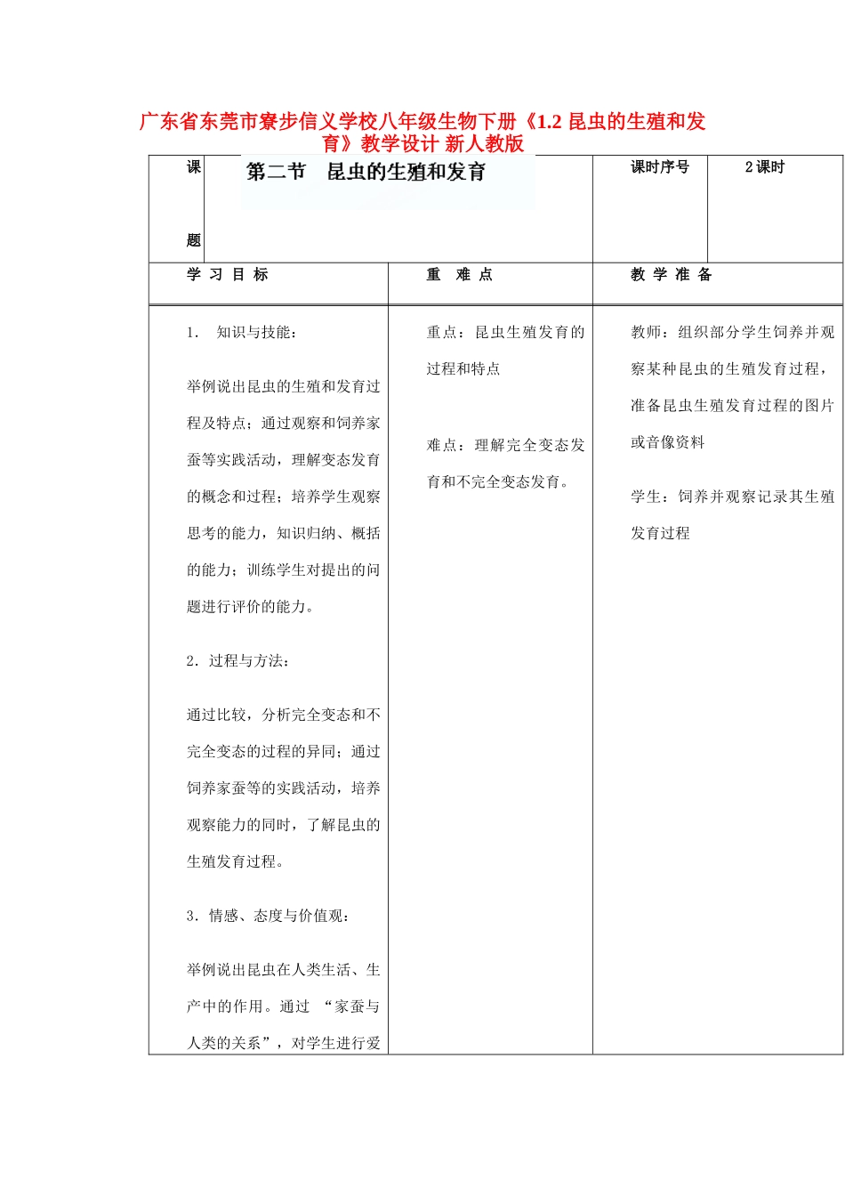 广东省东莞市寮步信义学校八年级生物下册《1.2 昆虫的生殖和发育》教学设计 新人教版_第1页