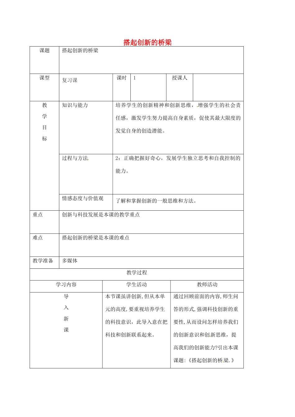 八年级政治下册 15.2 搭起创新的桥梁教案 鲁人版六三制-鲁人版初中八年级下册政治教案_第1页