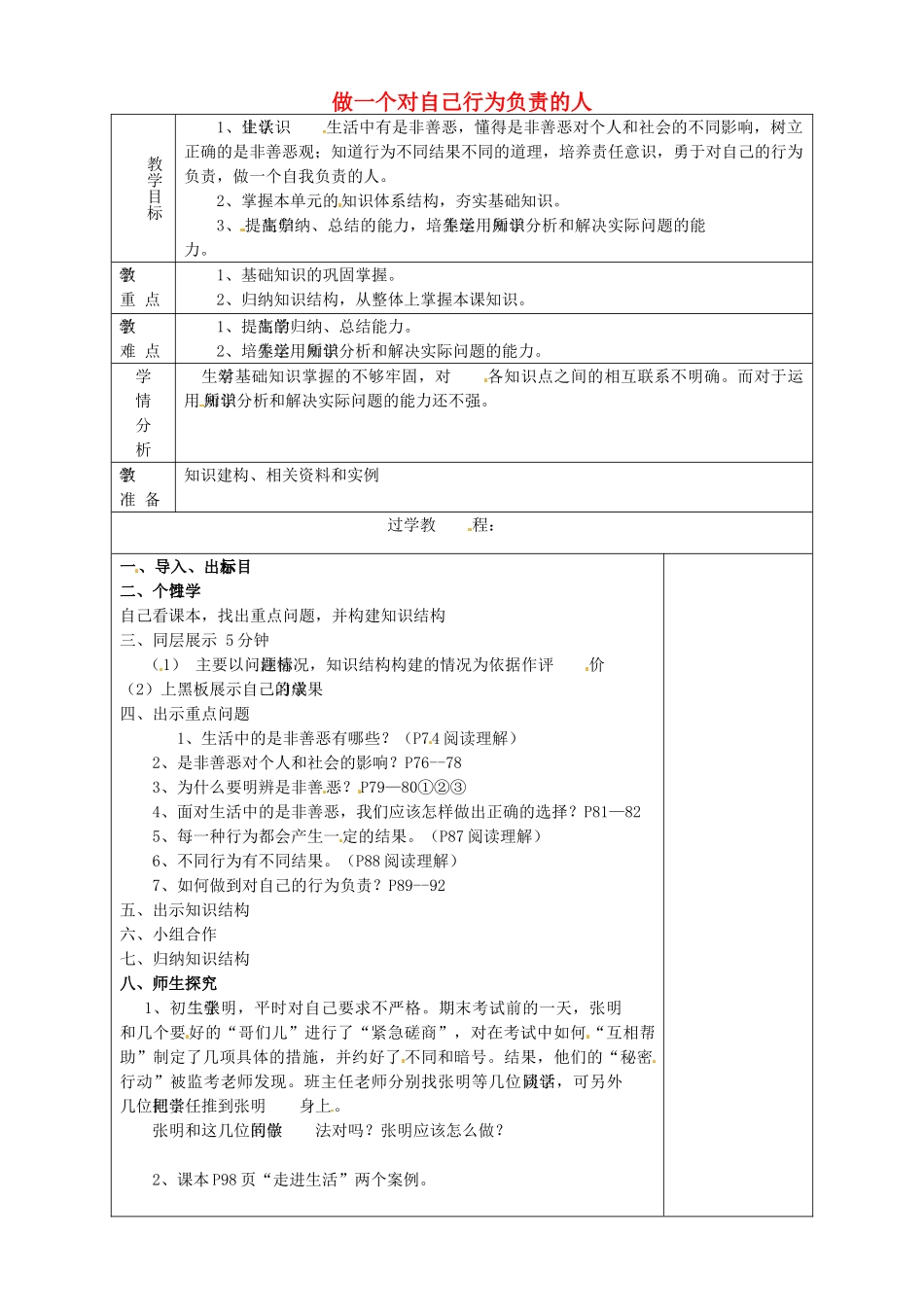 山东省淄博市临淄区第八中学七年级政治下册《第18课 做一个对自己行为负责的人》教案 鲁教版_第1页