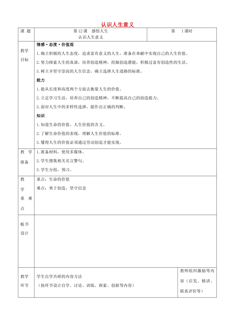 （秋季版）七年级道德与法治下册 第四单元 体悟生命价值 第12课 感悟人生 第1框 认识人生意义教案2 苏教版-苏教版初中七年级下册政治教案_第1页