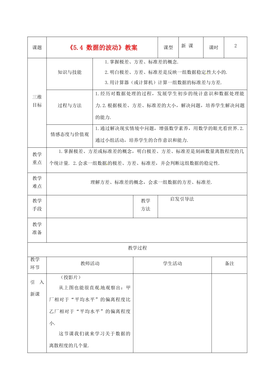 广东省茂名市愉园中学八年级数学下册《5.4 数据的波动》教案 北师大版_第1页