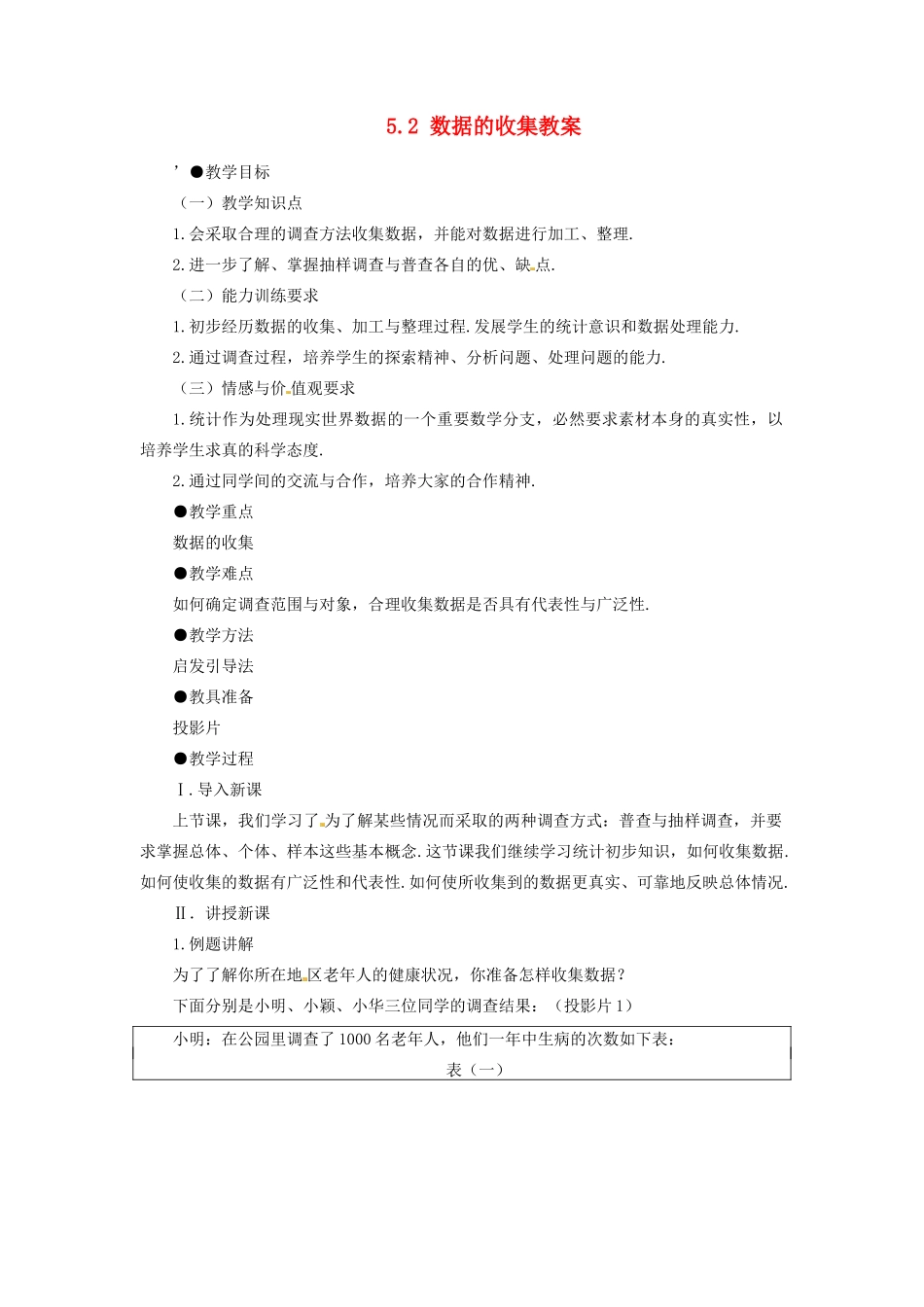 甘肃省张掖市临泽县第二中学八年级数学下册 5.2 数据的收集教案 北师大版_第1页