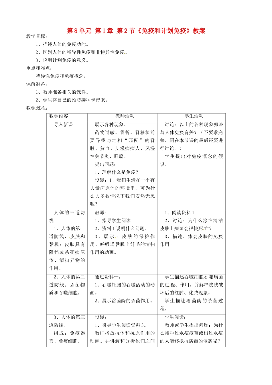 福建省漳州市漳浦县华港中学八年级生物下册 第8单元 第1章 第2节《免疫和计划免疫》教案 新人教版_第1页