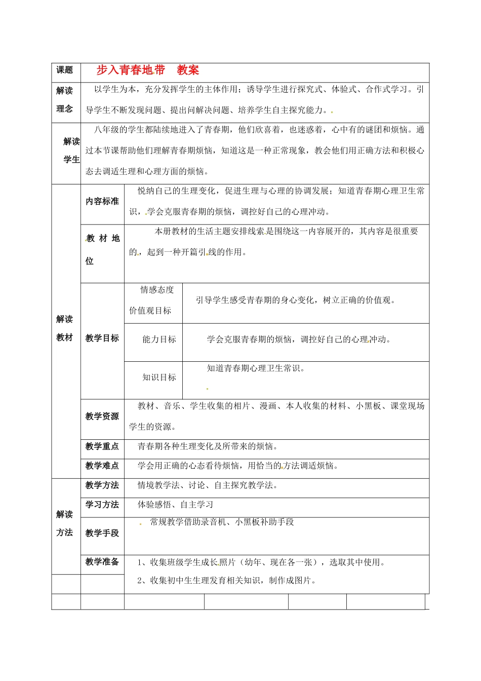 八年级政治上册 1.1《步入青春地带》教案 湘师版_第1页