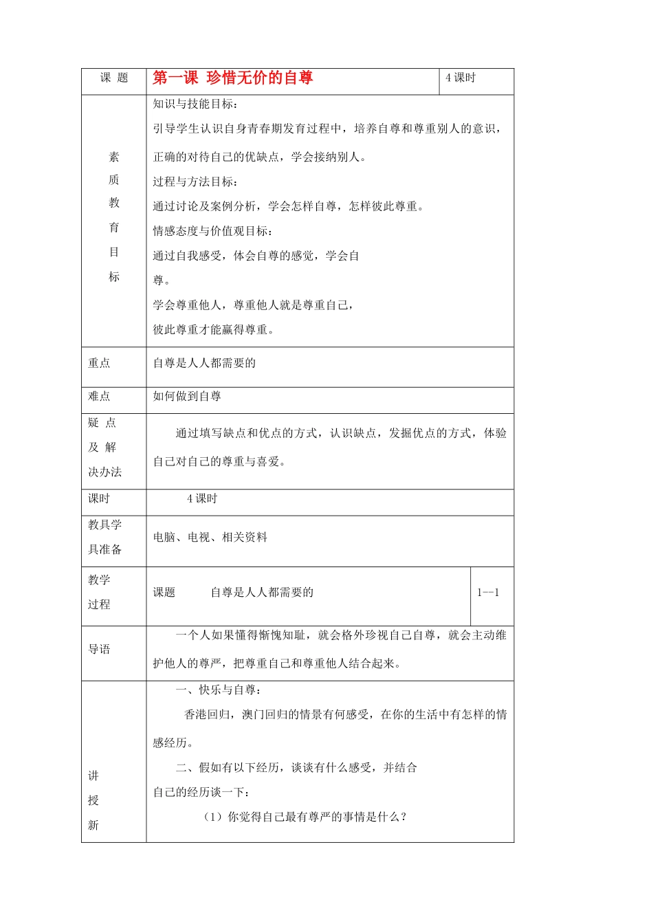 七年级政治下册：第一课《珍惜无价的自尊》教案人教新课标版_第1页