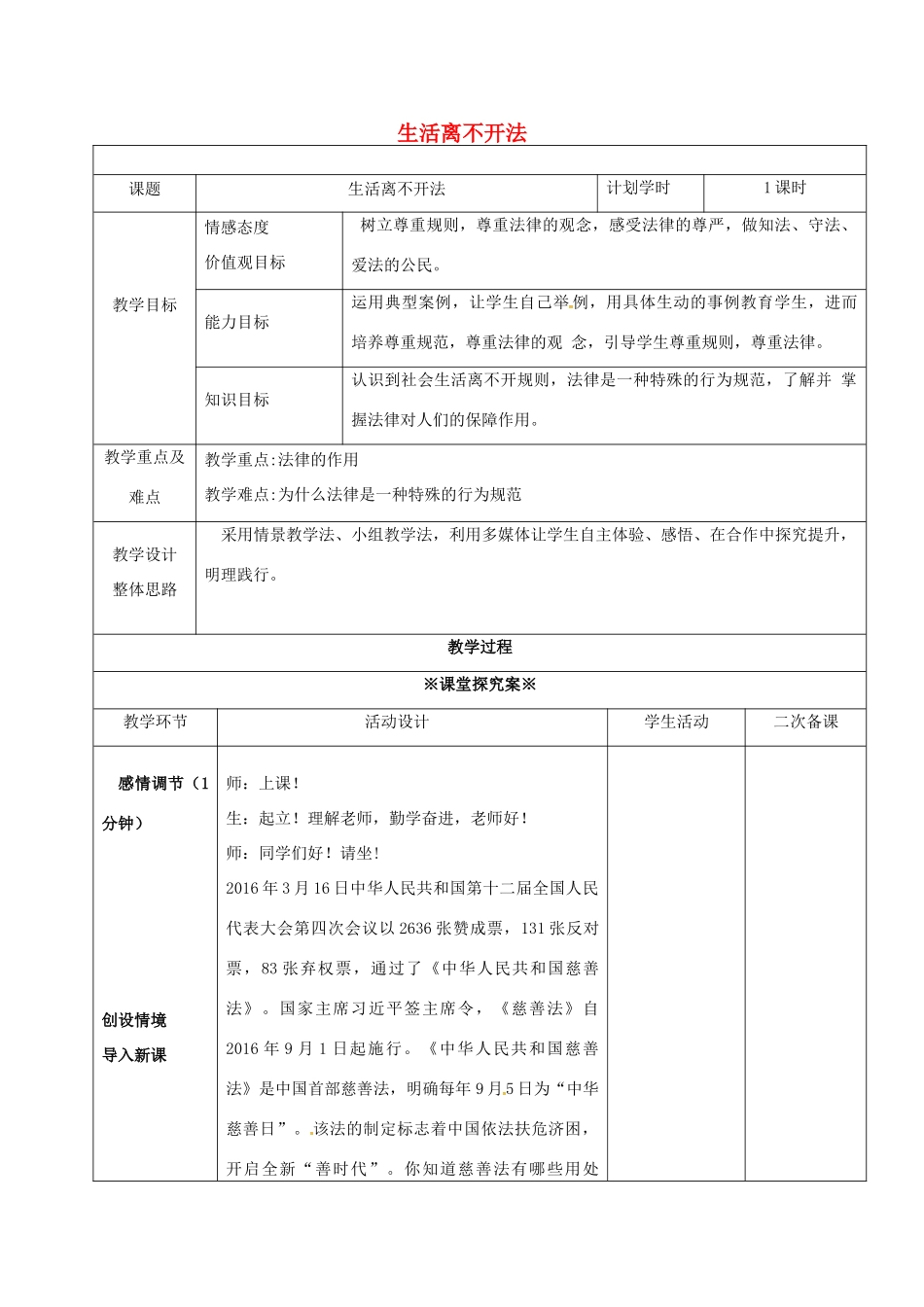 （秋季版）山东省潍坊市七年级道德与法治上册 第五单元 走近法律 与法同行 第九课 法律在我们身边 第1框 生活离不开法教案 鲁人版六三制-鲁人版初中七年级上册政治教案_第1页