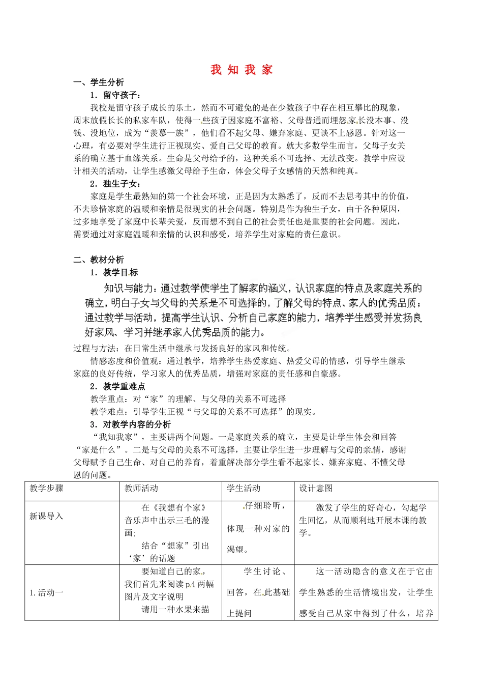 安徽省合肥市龙岗中学八年级政治 《我知我家》教案 人教新课标版_第1页