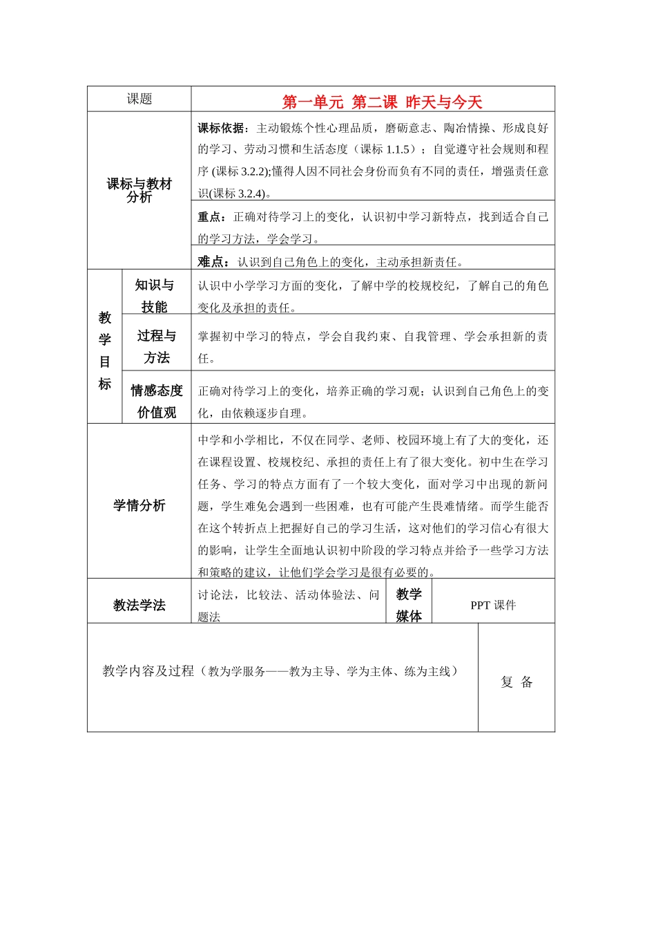 七年级政治上册 第二课昨天与今天教案 教科版_第1页
