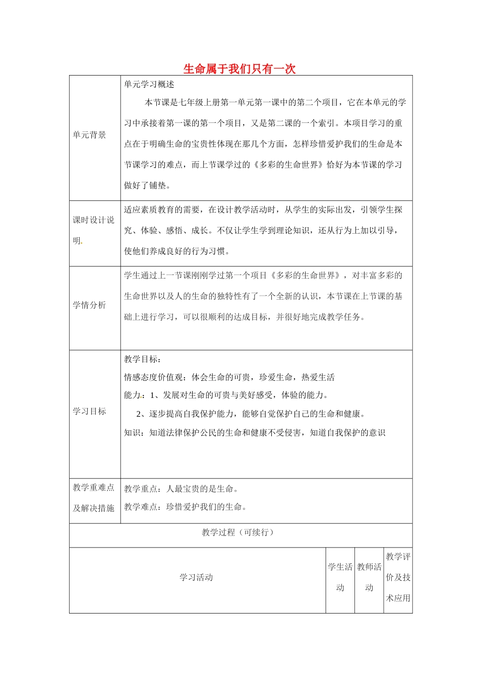 山东省胶南市大场镇中心中学七年级政治上册 第1课 第2框 生命属于我们只有一次教案 鲁教版_第1页