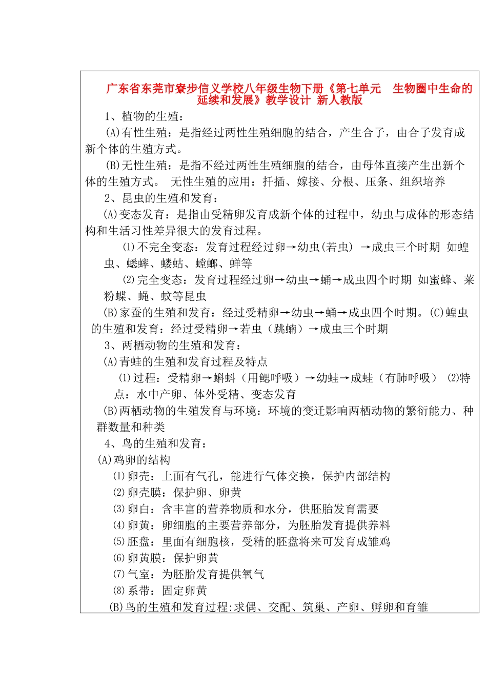 广东省东莞市寮步信义学校八年级生物下册《第七单元  生物圈中生命的延续和发展》教学设计 新人教版_第2页