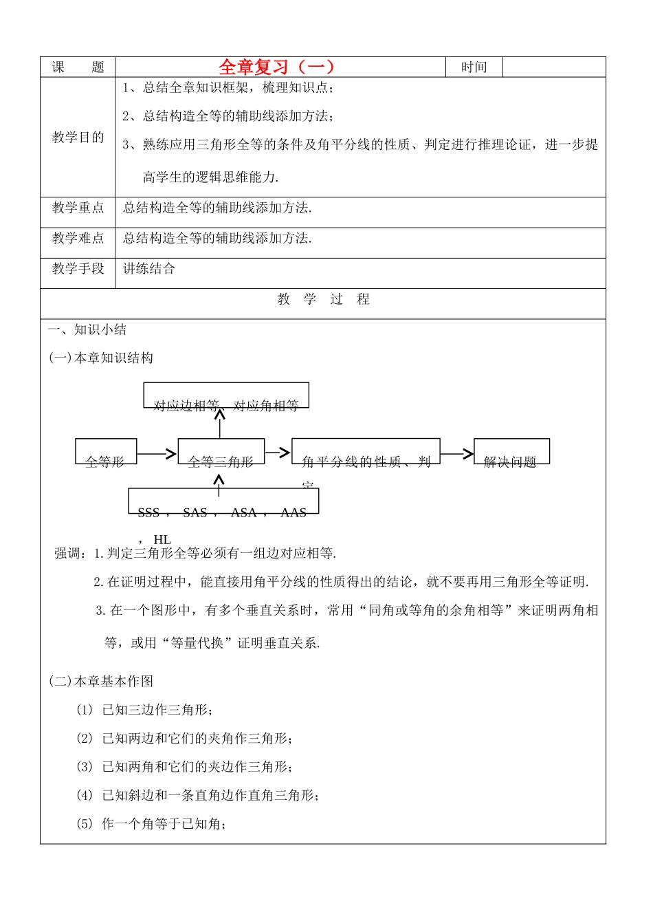 八年级数学上册 全等三角形全章复习(1)教案 人教新课标版_第1页