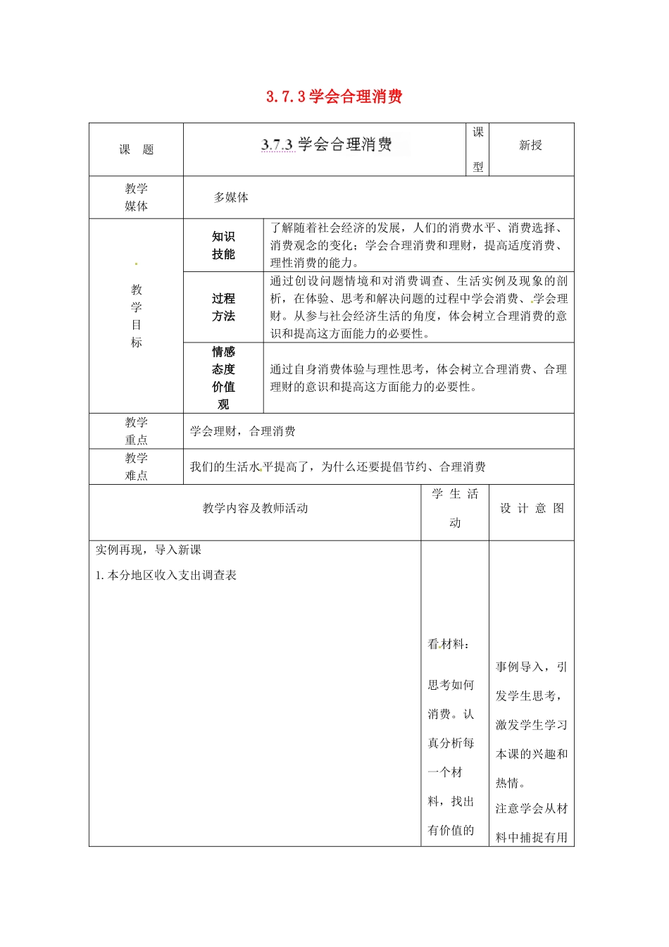江苏省南通市实验中学九年级政治全册 3.7.3学会合理消费教案 新人教版_第1页