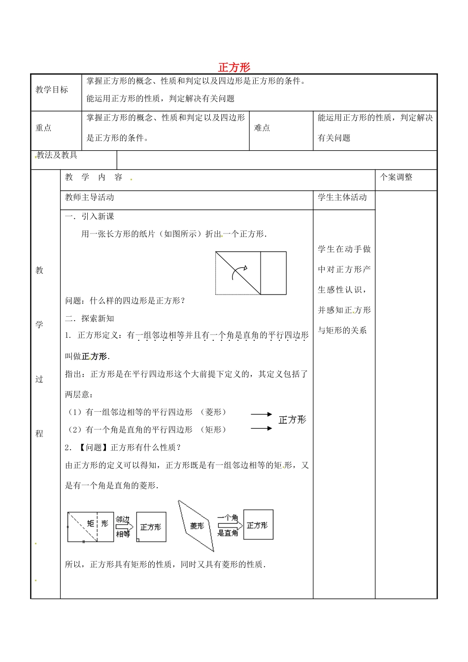 八年级数学下册 9.4 正方形教案5 （新版）苏科版-（新版）苏科版初中八年级下册数学教案_第1页
