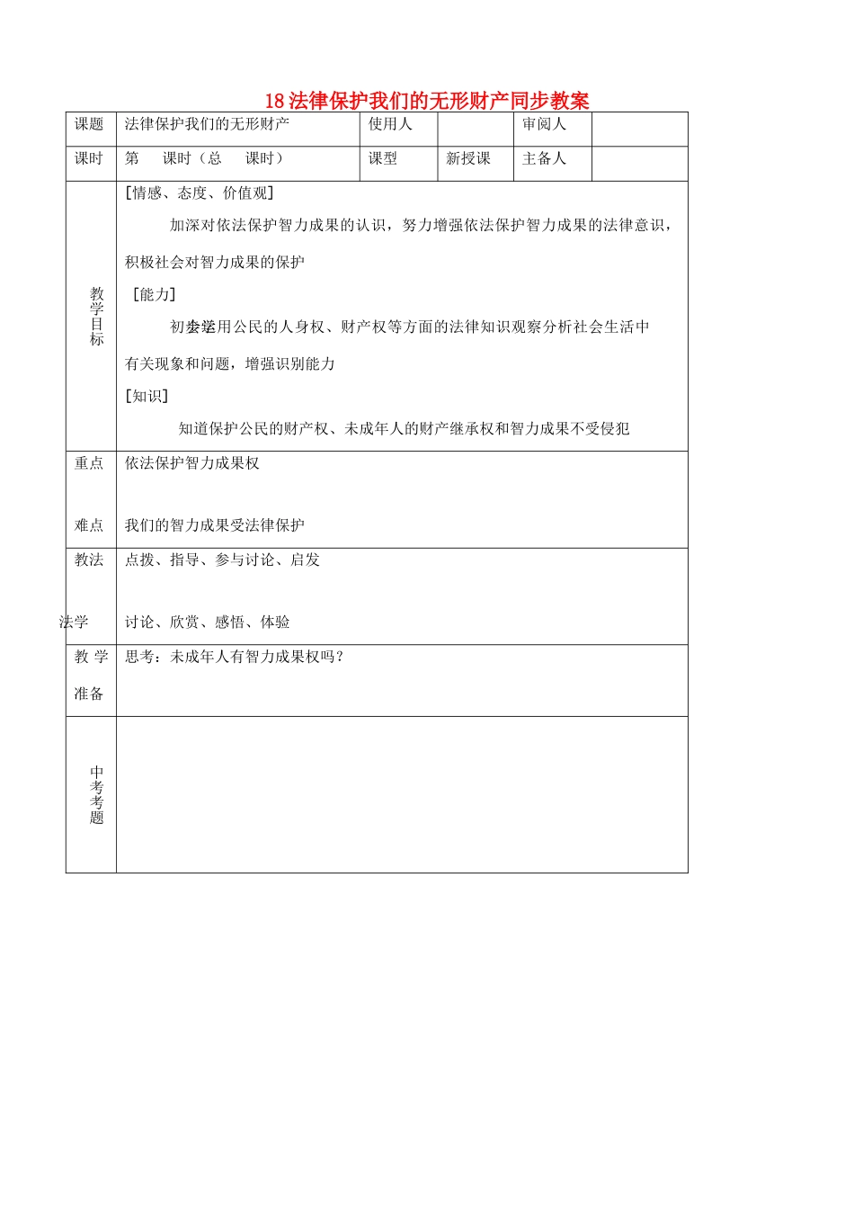 八年级思品上册 18法律保护我们的无形财产同步教案 鲁教版_第1页