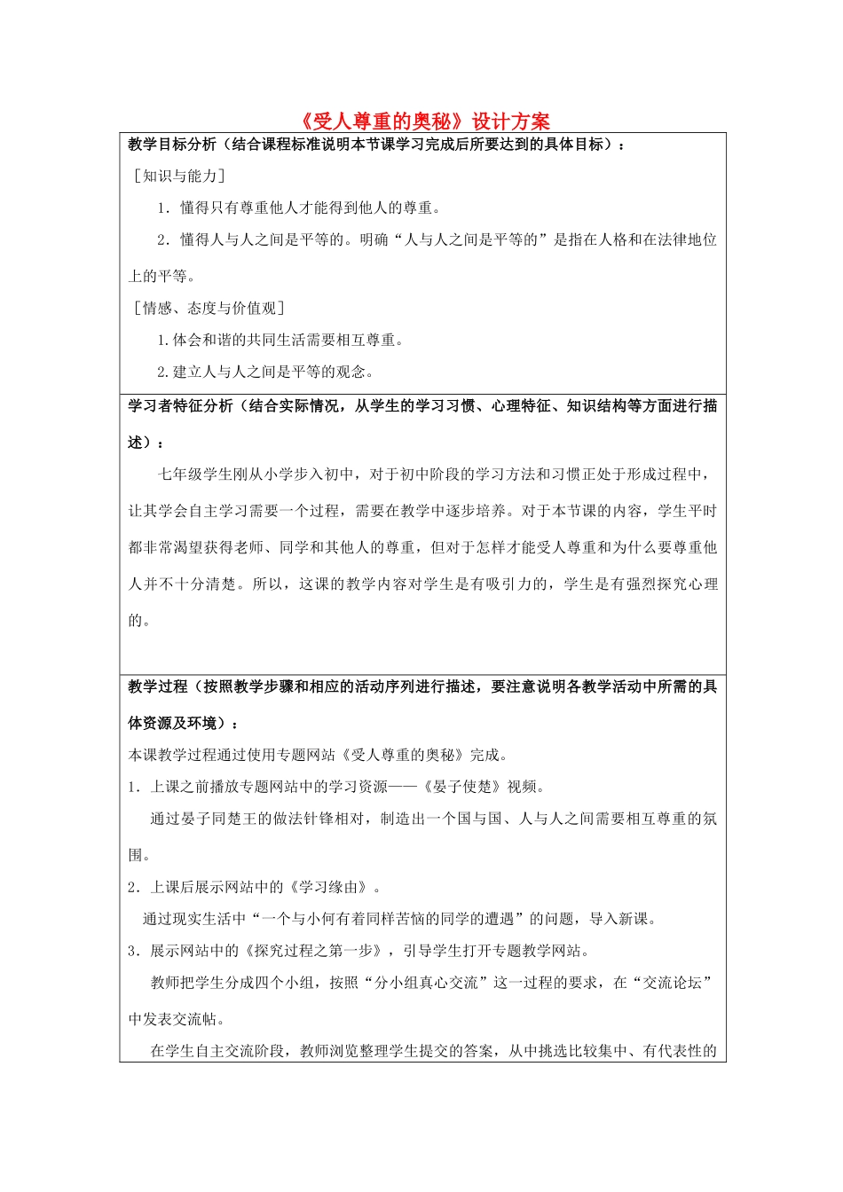 初中政治《受人尊重的奥秘》设计方案_第1页