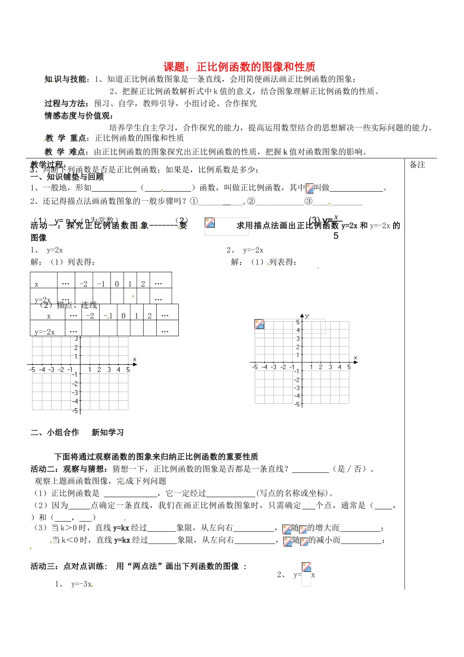 福建省福清西山学校八年级数学 2-14.2.1正比例函数图像与性质教案_第1页