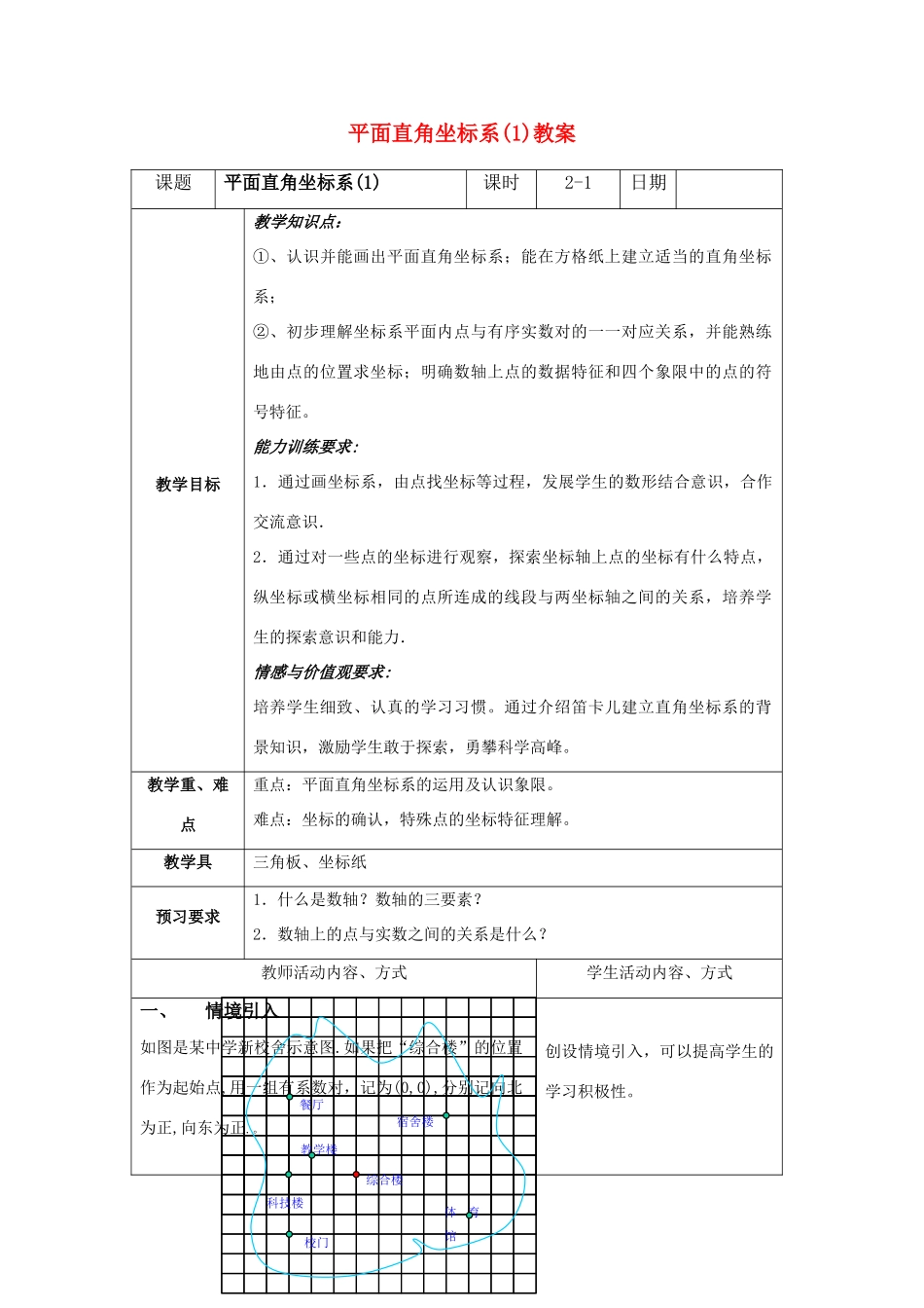 八年级数学上册 平面直角坐标系教案 苏科版_第1页