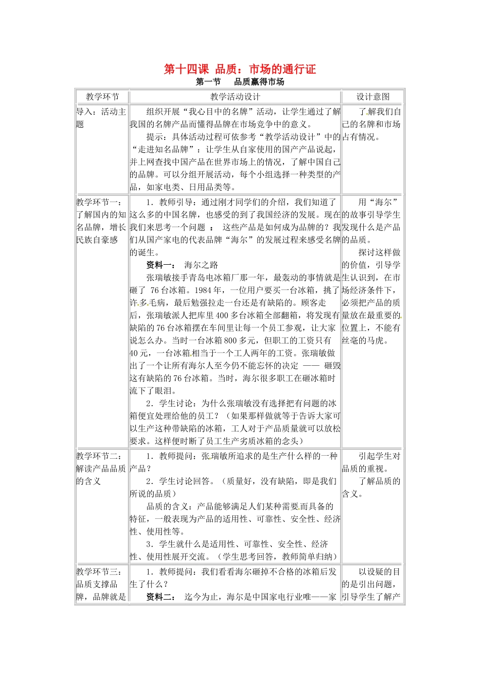四川省宜宾县复龙初级中学八年级政治下册 第十四课 品质 市场的通行证教案 教科版_第1页