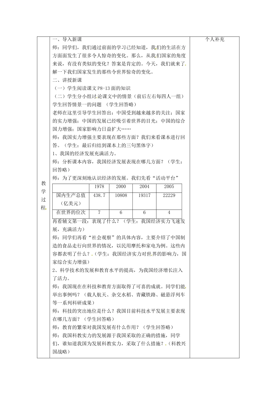 九年级政治： 1.1.2认识社会巨变 国家实力的增强（教案）北师大版_第3页