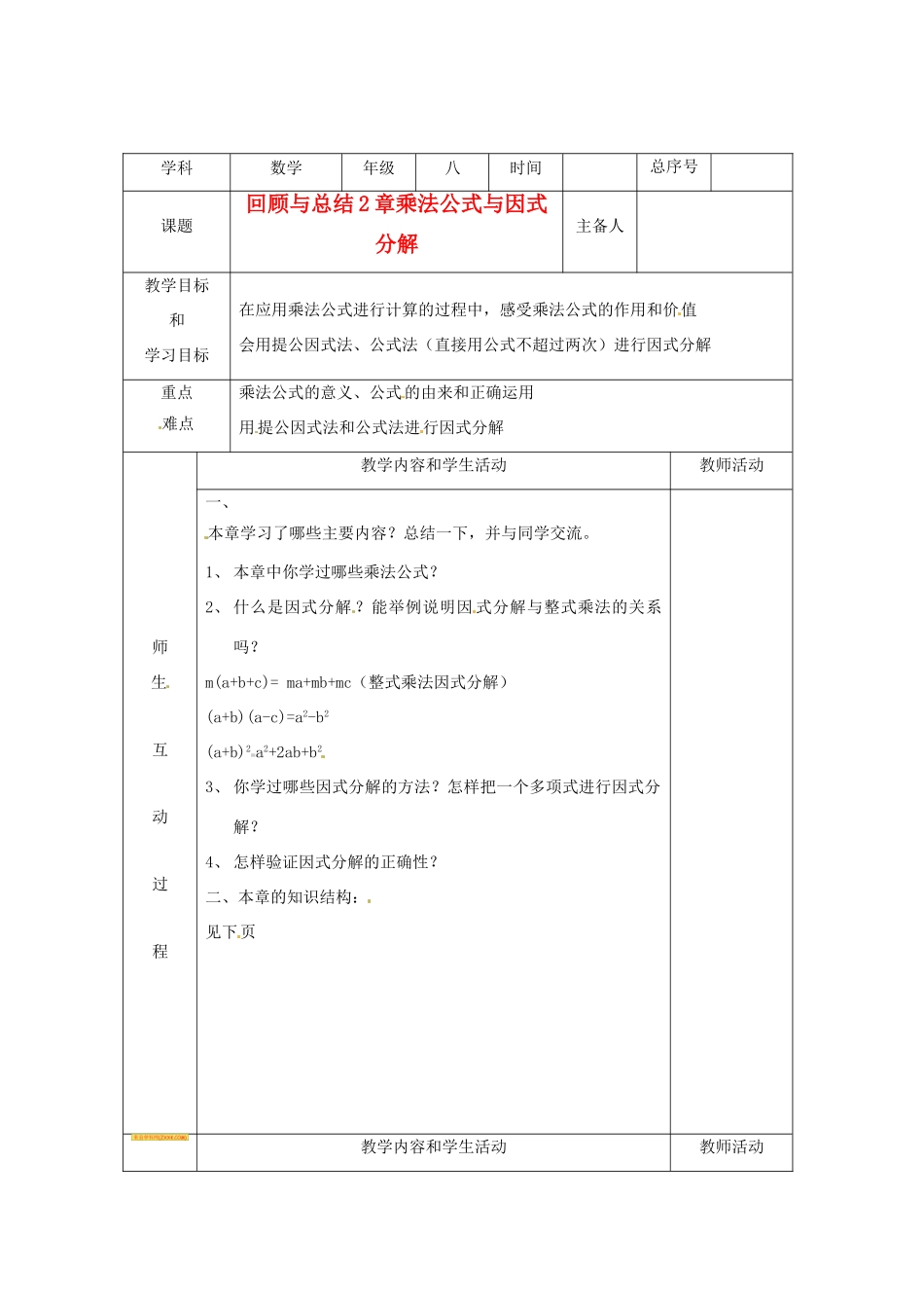 八年级数学上册 第二章《乘法公式与因式分解》复习教学案 青岛版_第1页
