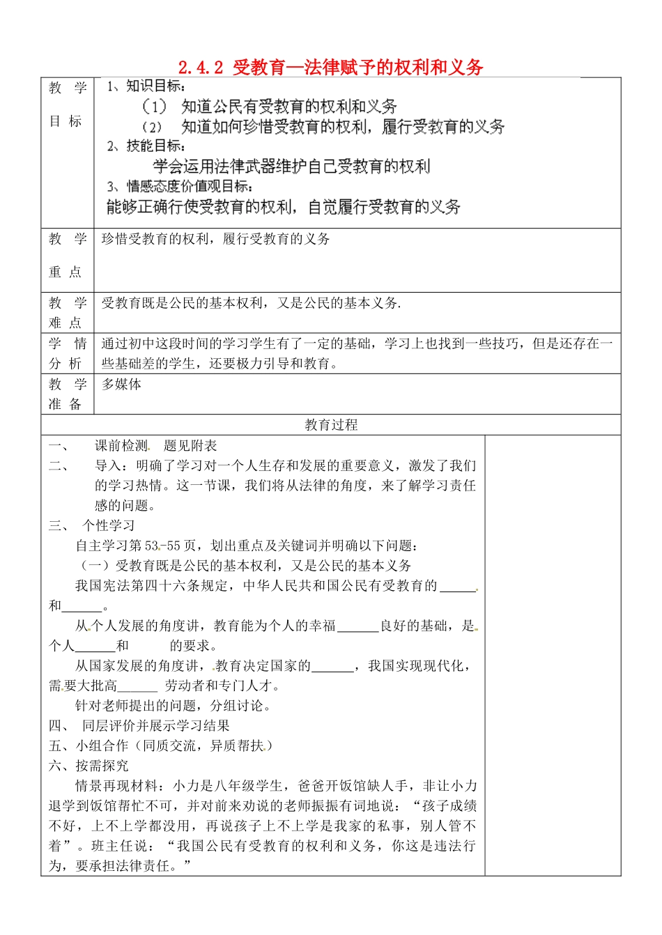 山东省淄博市临淄区第八中学七年级政治上册 2.4.2 受教育—法律赋予的权利和义务教案 鲁教版_第1页