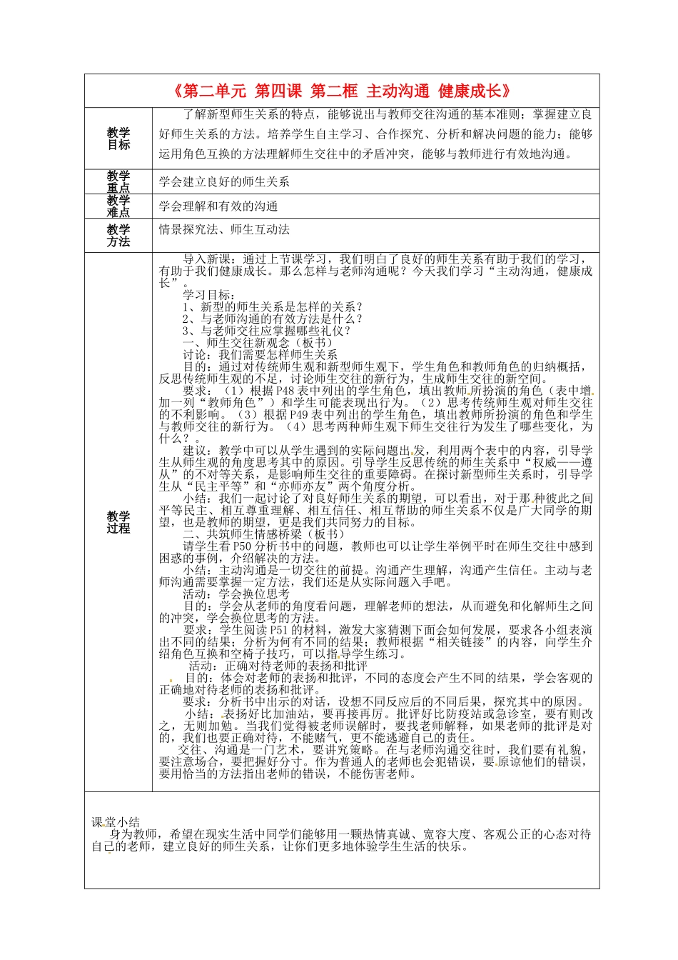 八年级政治上册《第二单元 第四课 第二框 主动沟通 健康成长》教学设计 新人教版-新人教版初中八年级上册政治教案_第1页