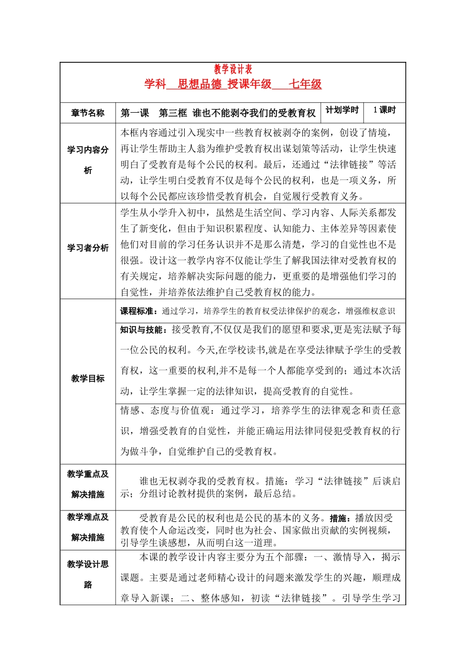 七年级政治上册 谁也不能剥夺我们的受教育权教案 人民版_第1页