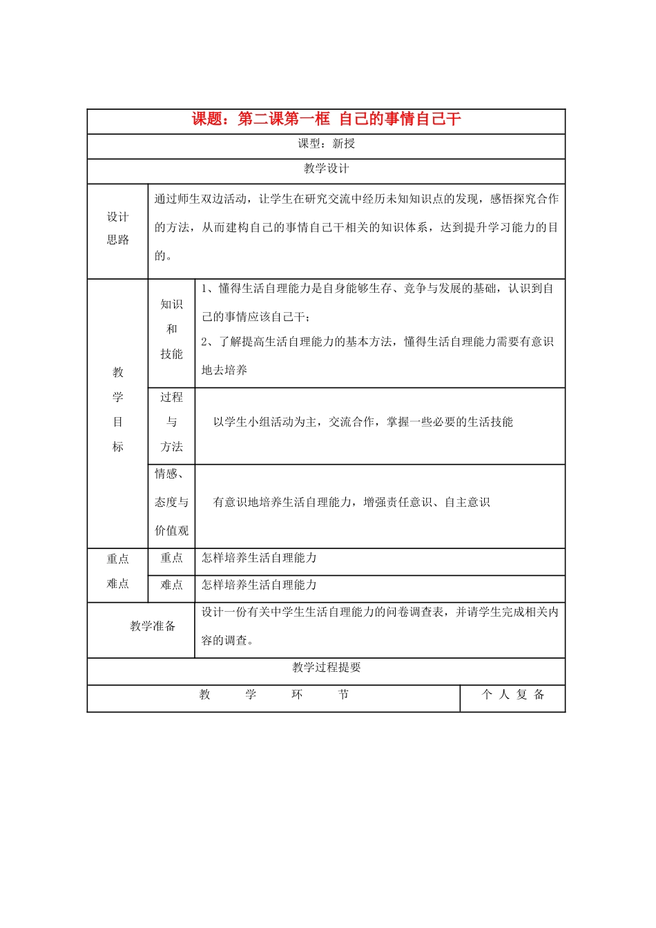 八年级思想品德上册 第二课《自己的事情自己干》第一框教案 苏教版_第1页