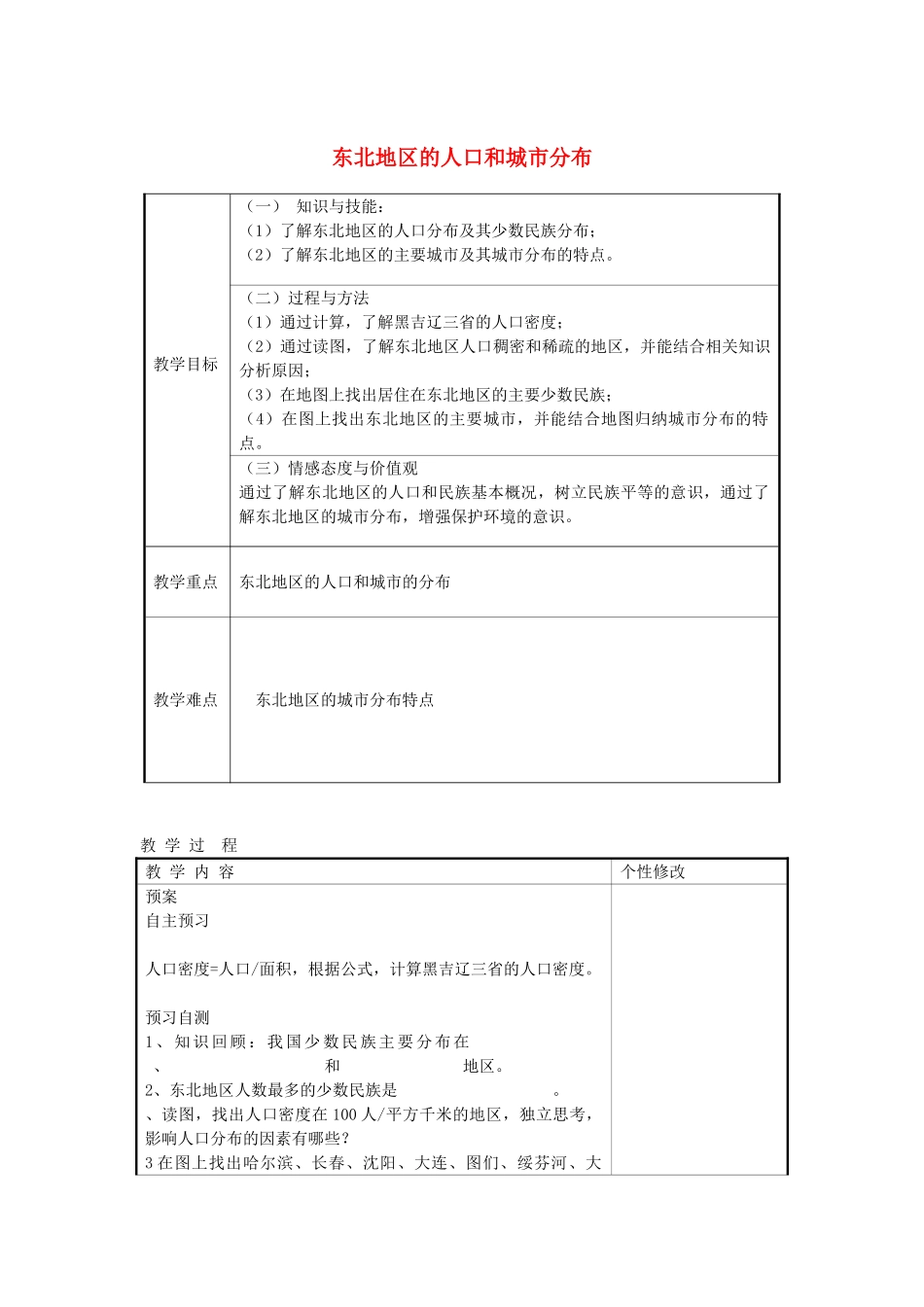 甘肃省白银市靖远县北滩中学八年级地理下册 第6章 第2节《东北地区的人口和城市分布》教案 湘教版_第1页
