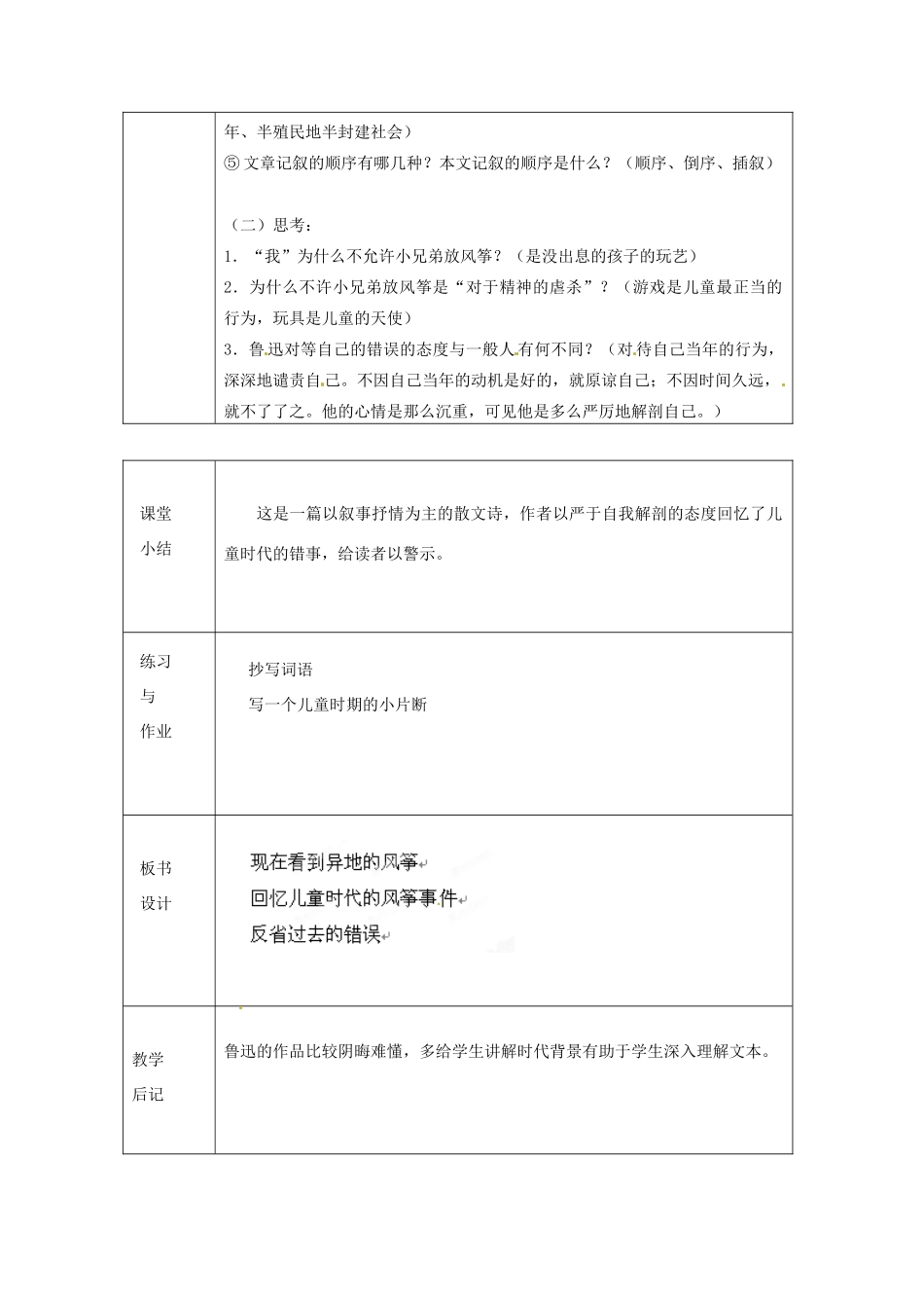 浙江省绍兴县杨汛桥镇中学七年级语文上册 《风筝》1教学案 人教新课标版_第2页
