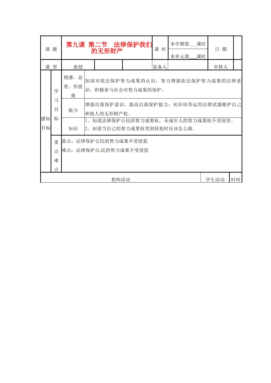 山东省邹平县实验中学八年级政治《92 法律保护我们的无形财产》教案_第1页
