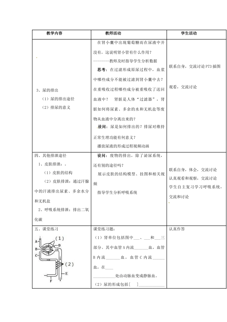 福建省沙县第六中学七年级生物下册 第五章 人体内废物的排出教案 （新版）新人教版_第3页