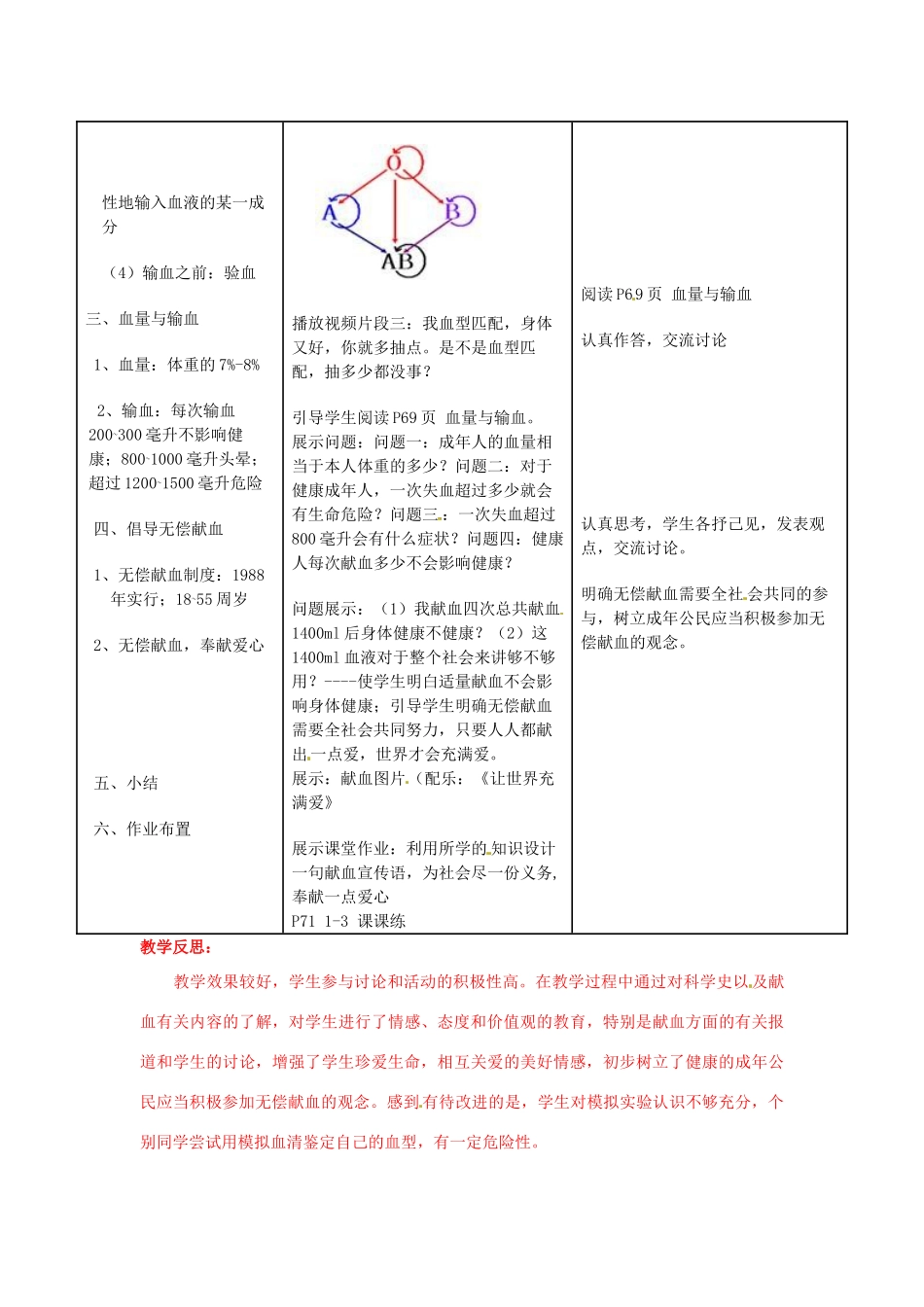 福建省沙县第六中学七年级生物下册 4.4 输血与血型教案 （新版）新人教版_第2页