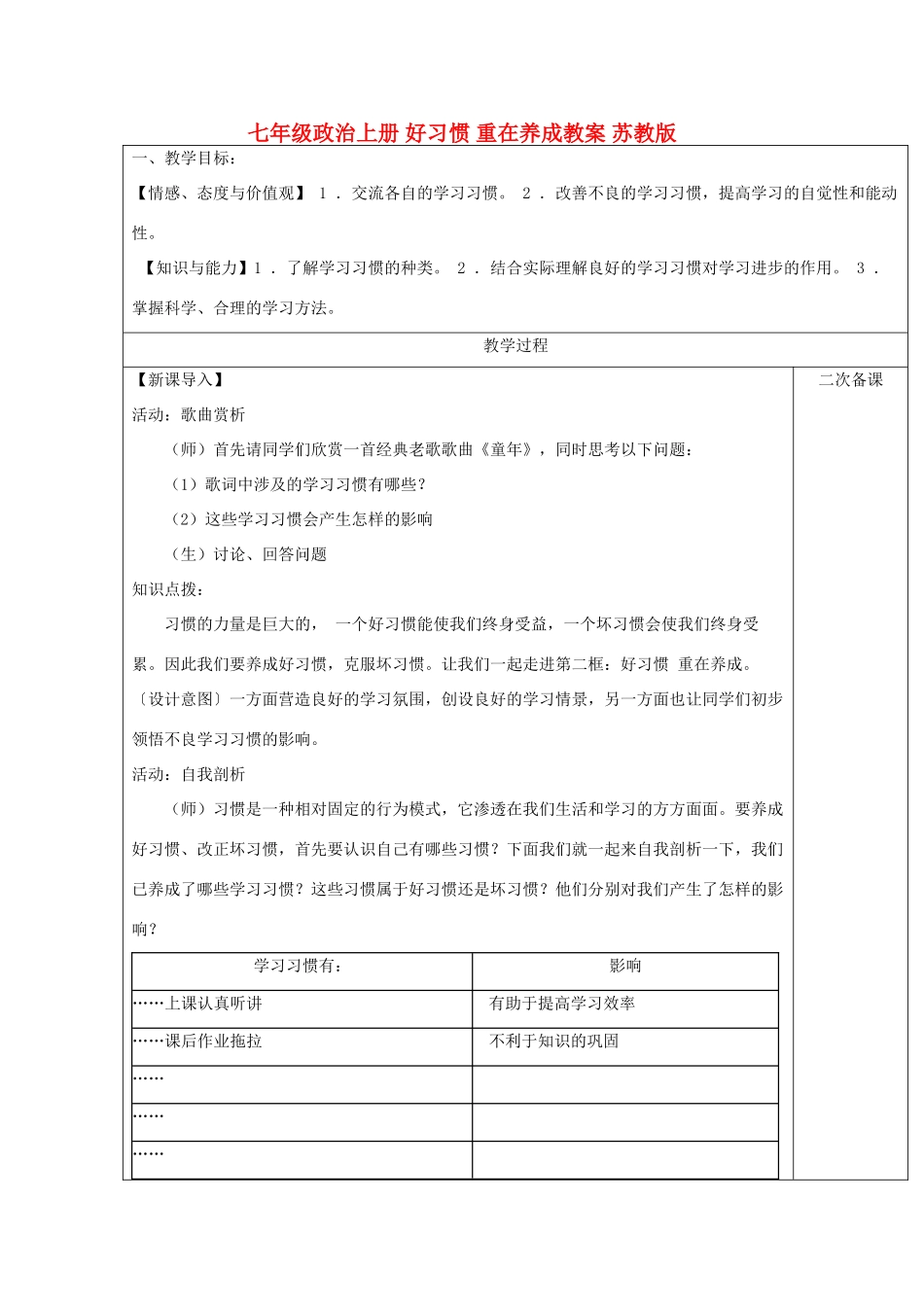 七年级政治上册 好习惯 重在养成教案 苏教版_第1页