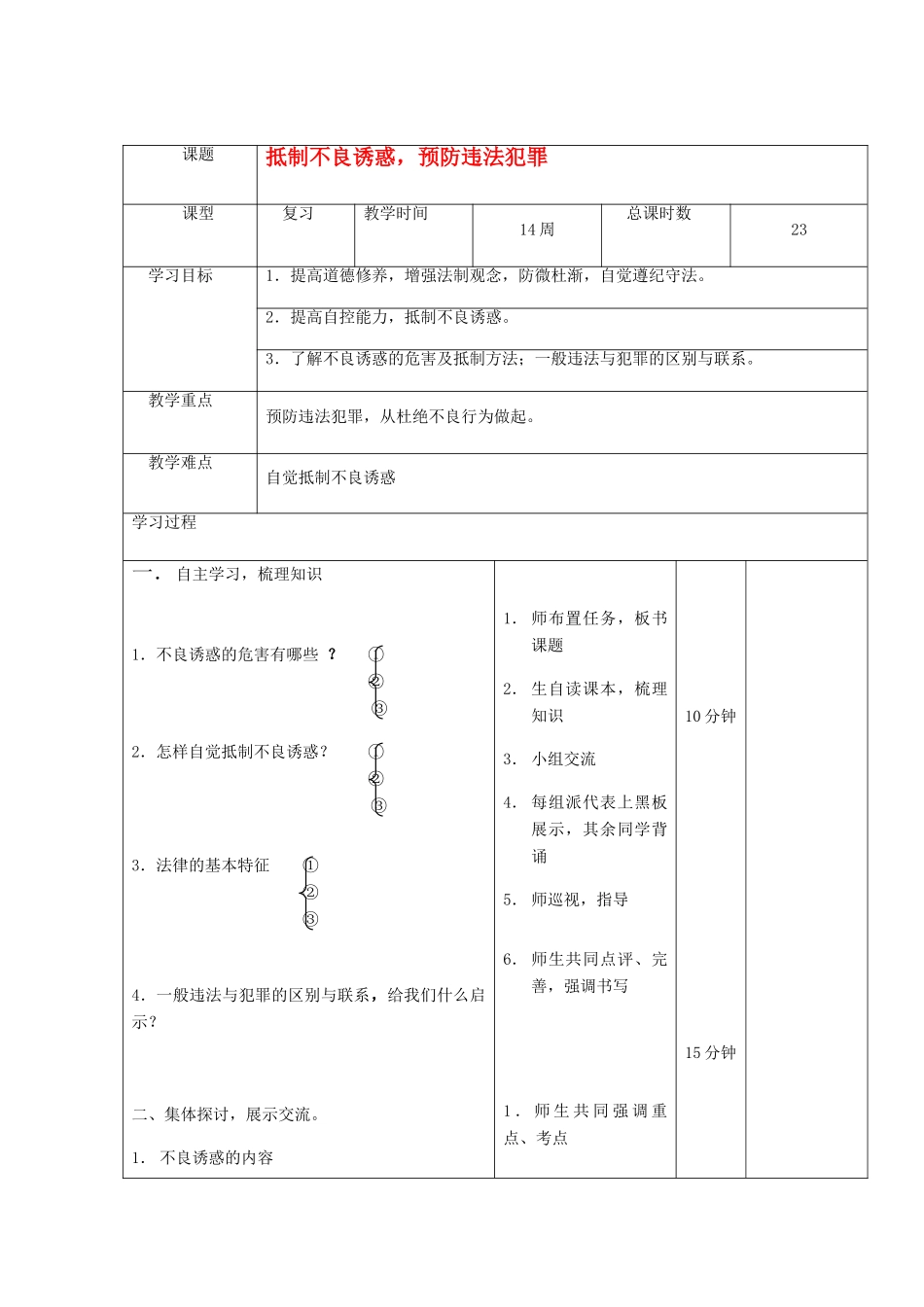 七年级政治下册 抵制不良诱惑 预防违法犯罪复习教案 鲁教版_第1页
