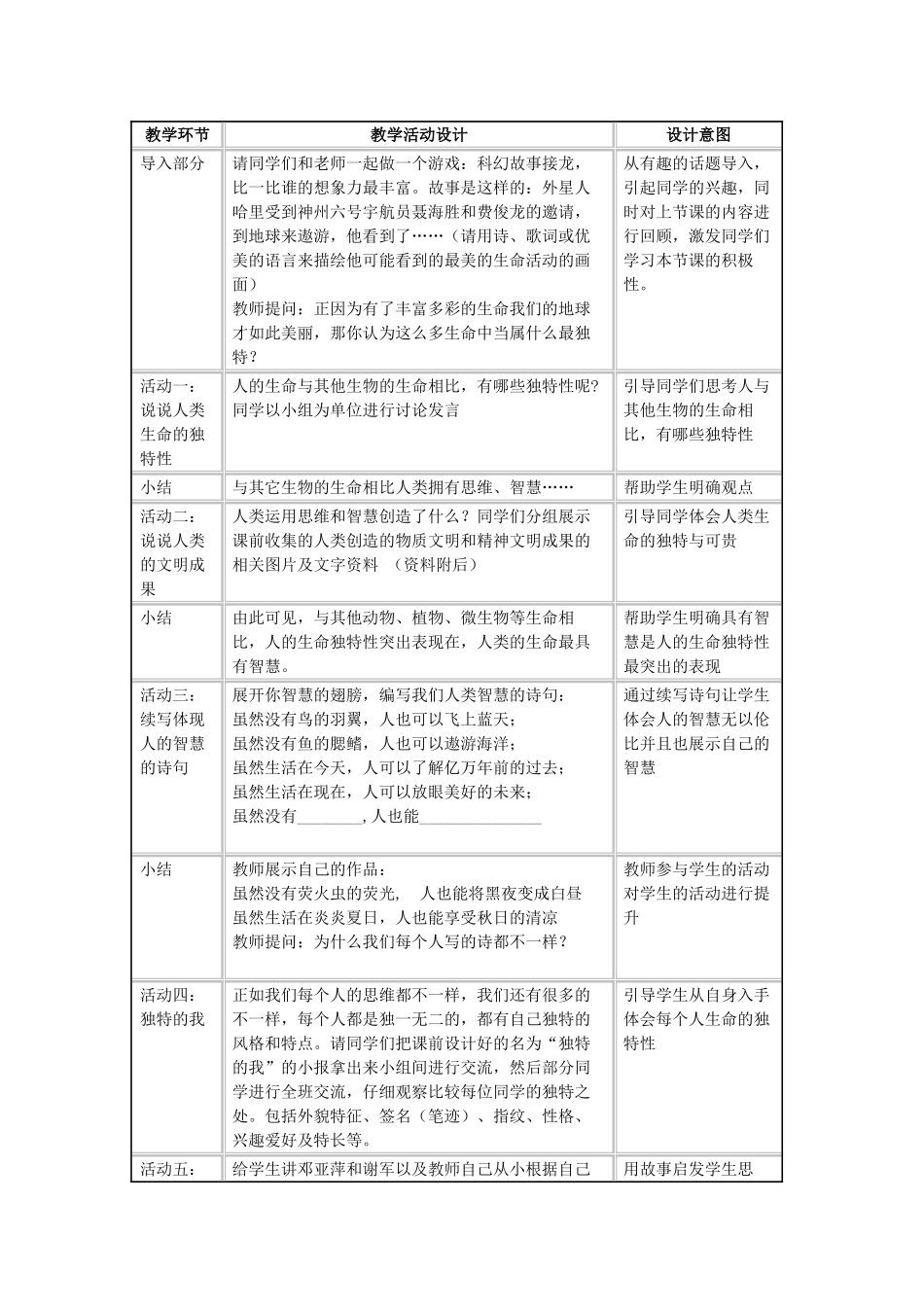 七年级政治上册《人的生命的独特性》教学设计 新人教版-新人教版初中七年级上册政治教案_第2页