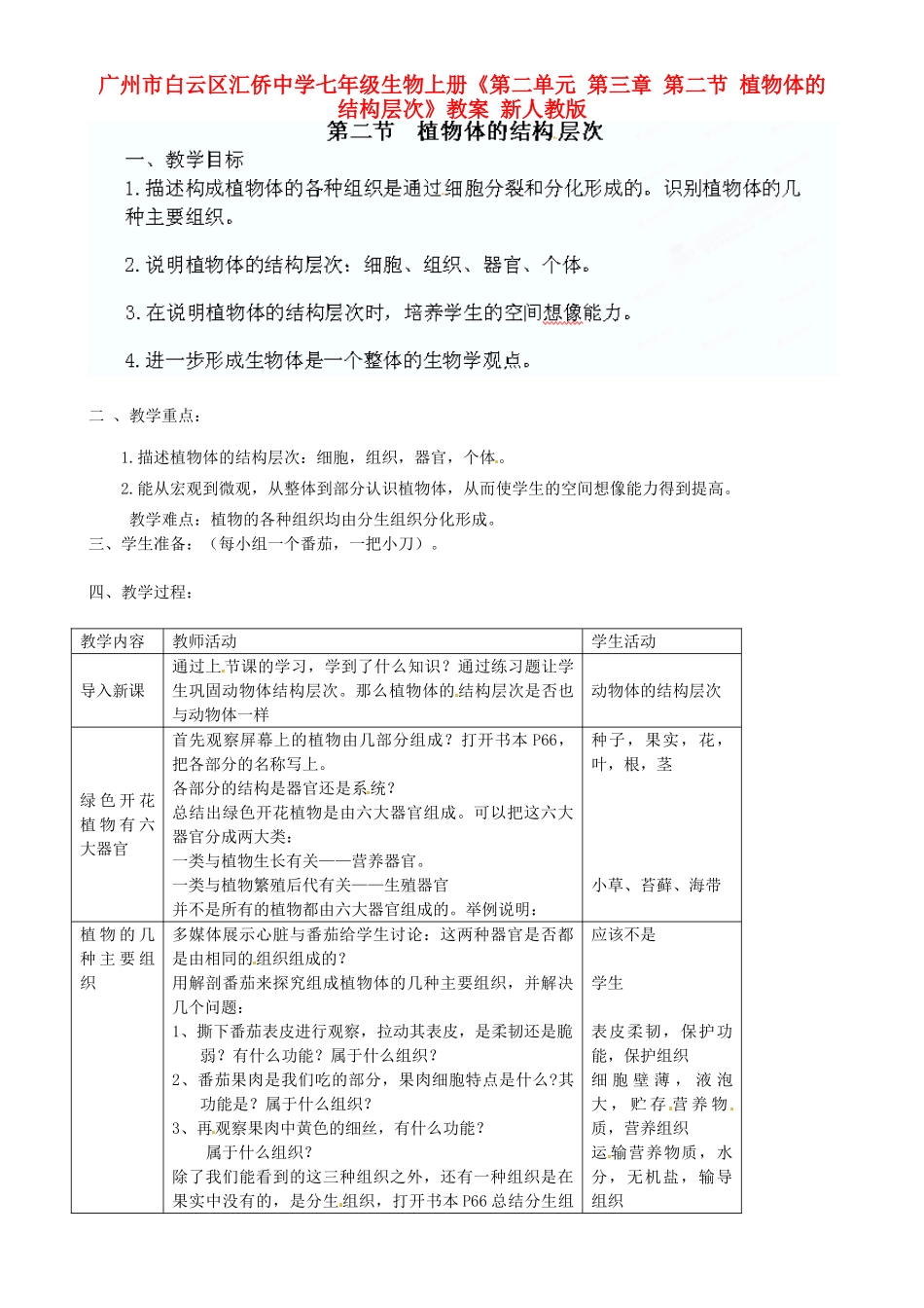 广州市白云区汇侨中学七年级生物上册《第二单元 第三章 第二节 植物体的结构层次》教案 新人教版_第1页