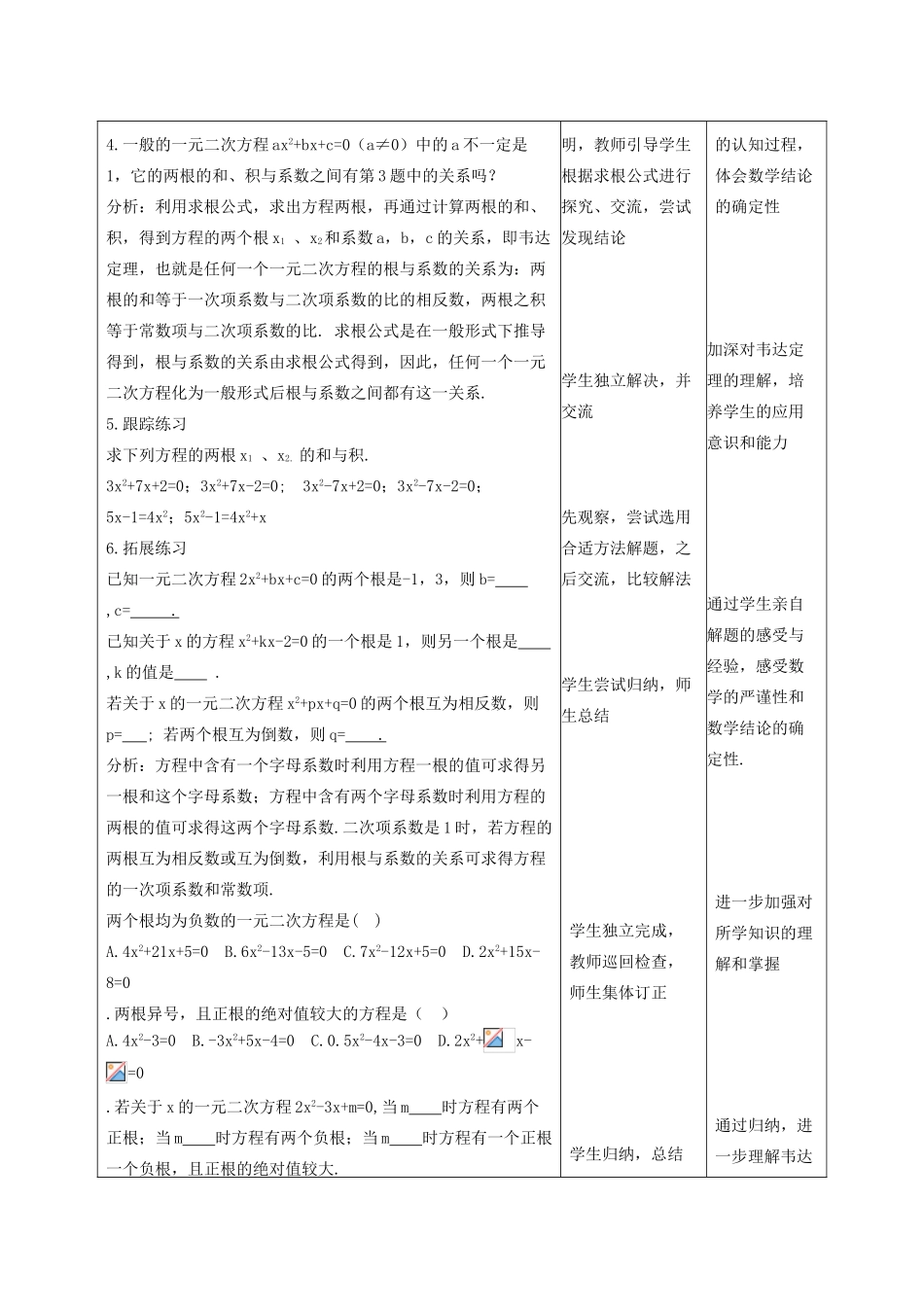 甘肃省通渭县黑燕山学校九年级数学上册 21.2.4 一元二次方程的根与系数关系教案 （新版）新人教版_第2页