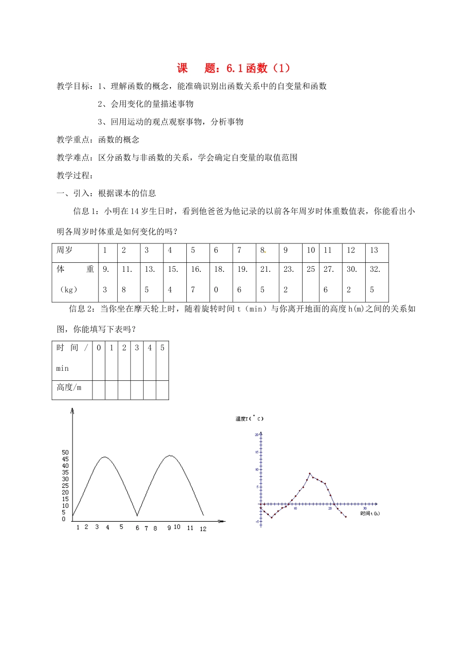 八年级数学上册 6.1 函数教案1 （新版）苏科版-（新版）苏科版初中八年级上册数学教案_第1页